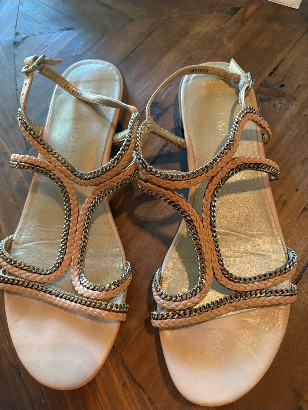 Stuart Weitzman Blush Braided Strap Sandals with Gold Chain